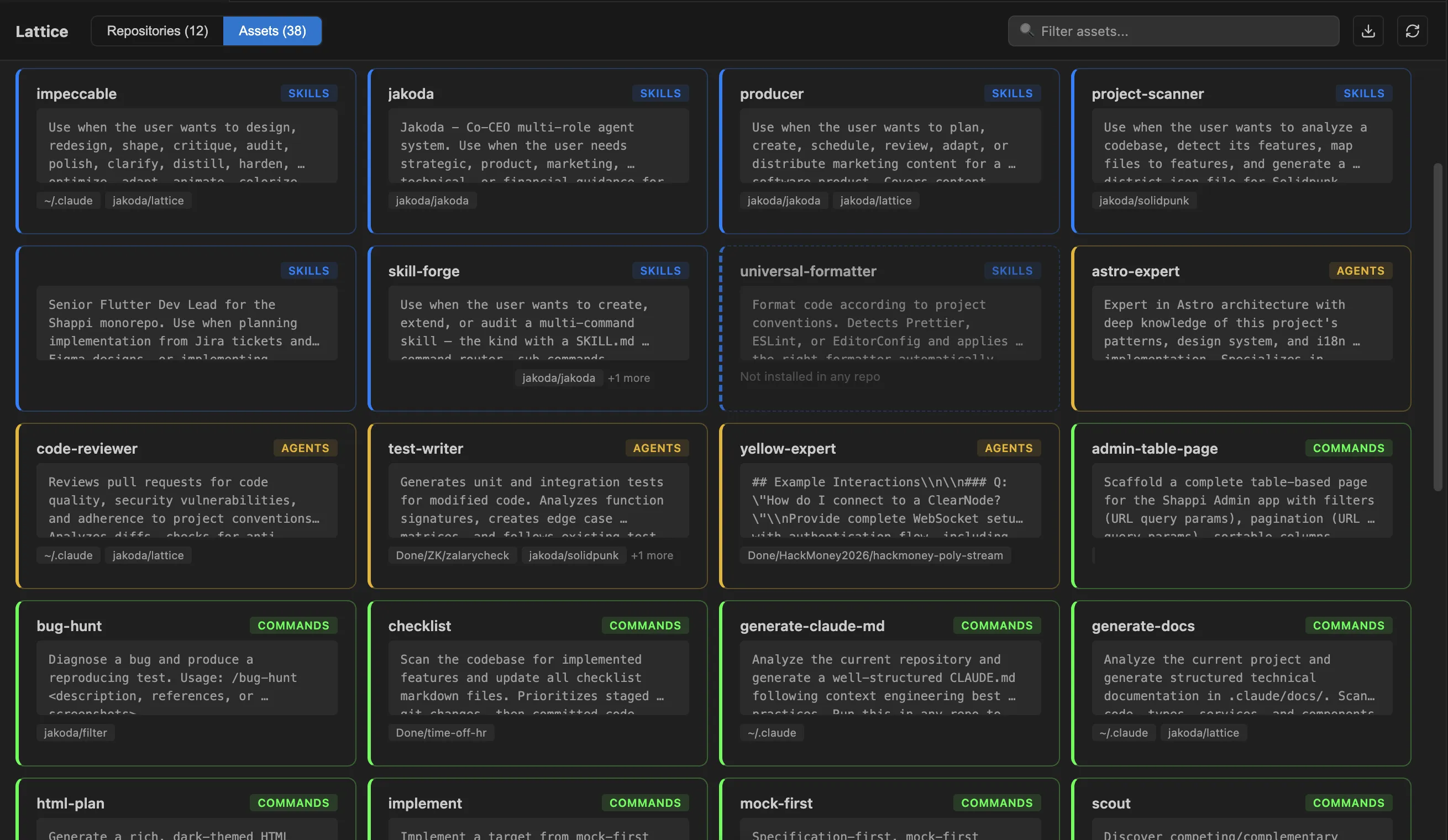 Assets view showing every skill, agent, and command across all repositories with descriptions