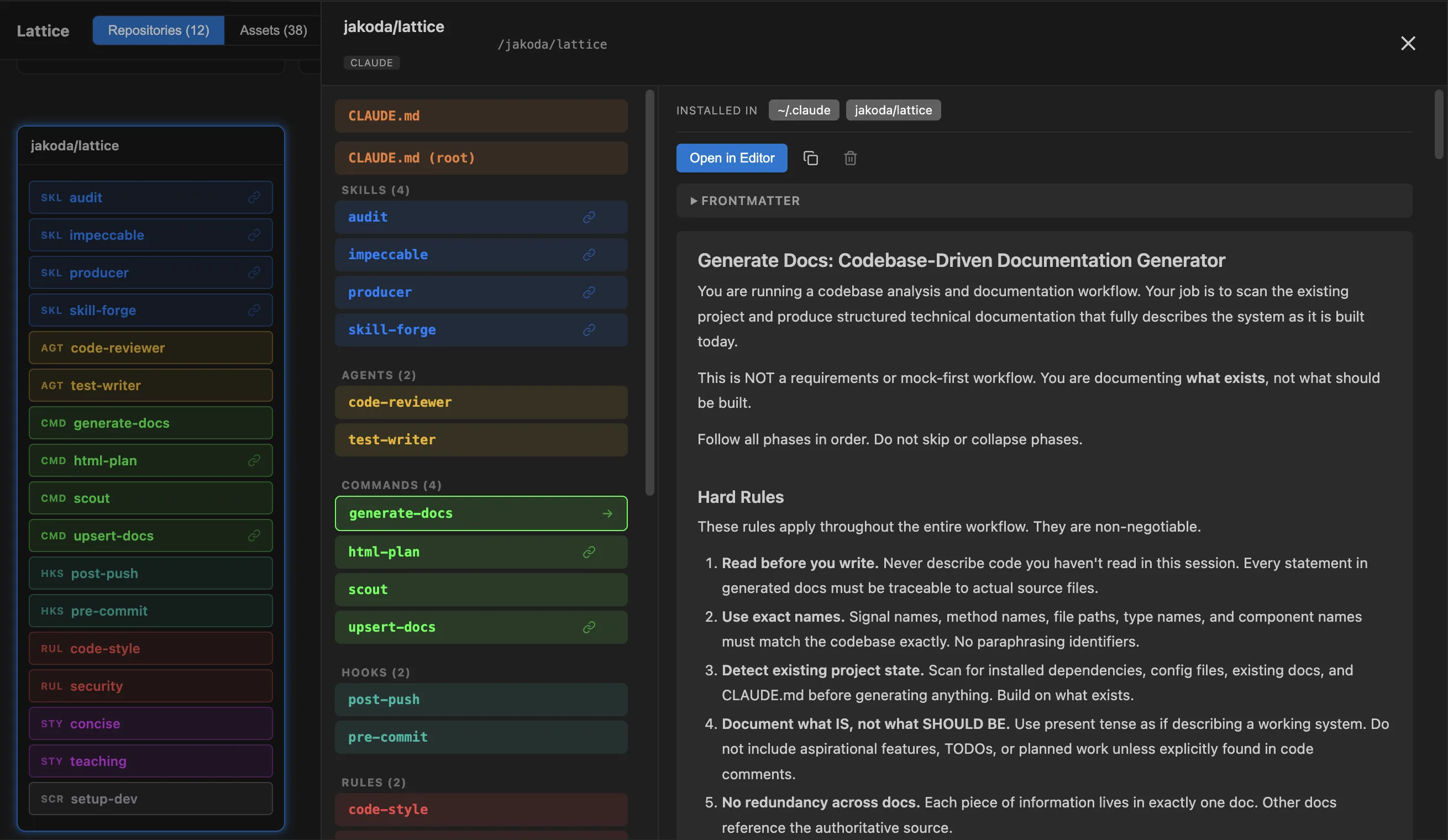 Detail panel showing a skill's file list and markdown preview side by side