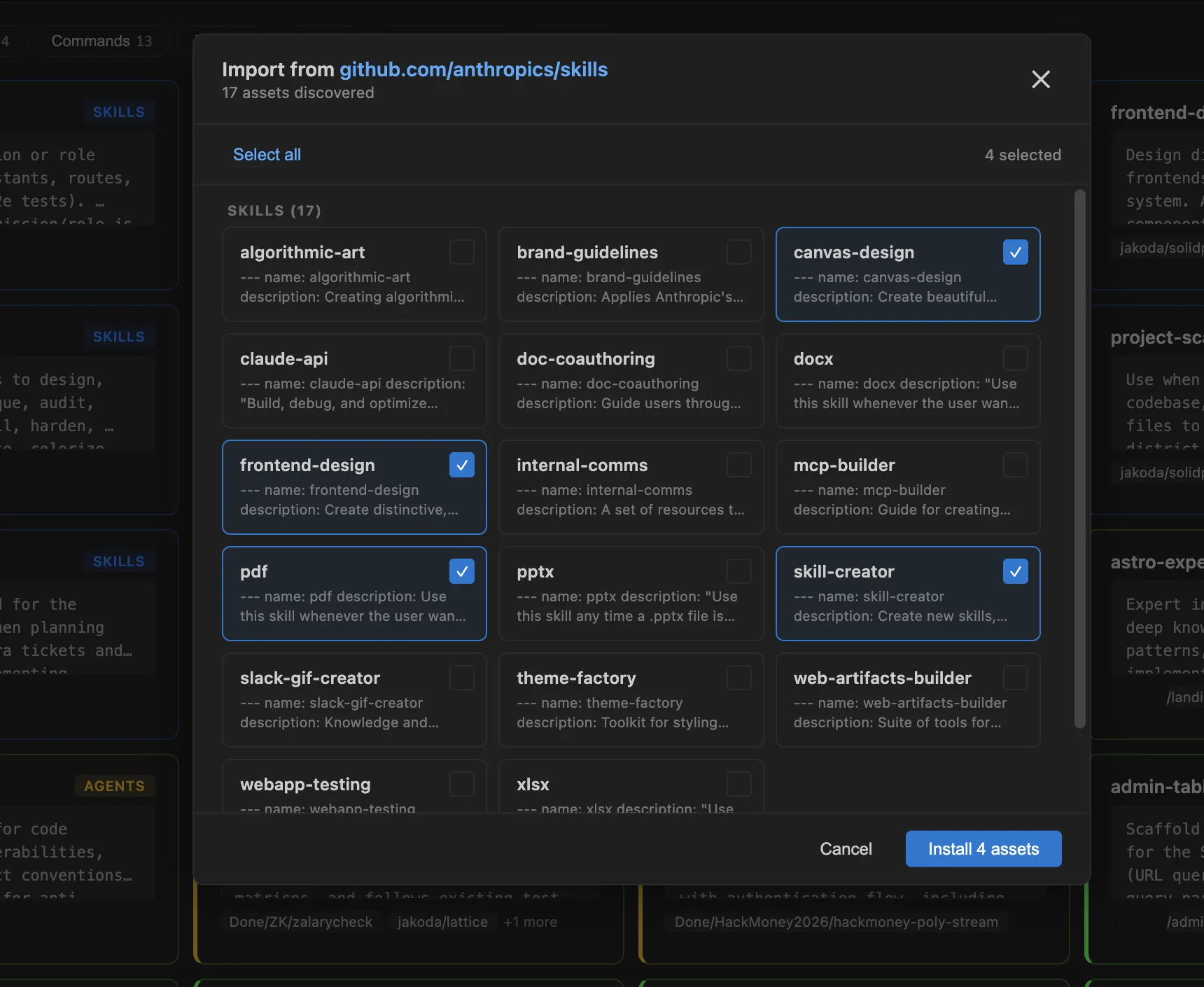 GitHub import dialog discovering and installing a skill from a remote repository