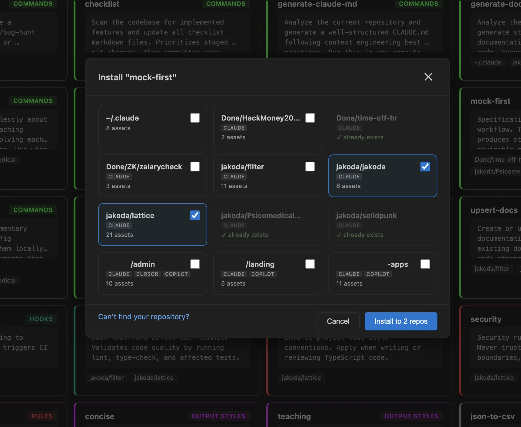 Install dialog showing multi-repo selection with asset counts per repository